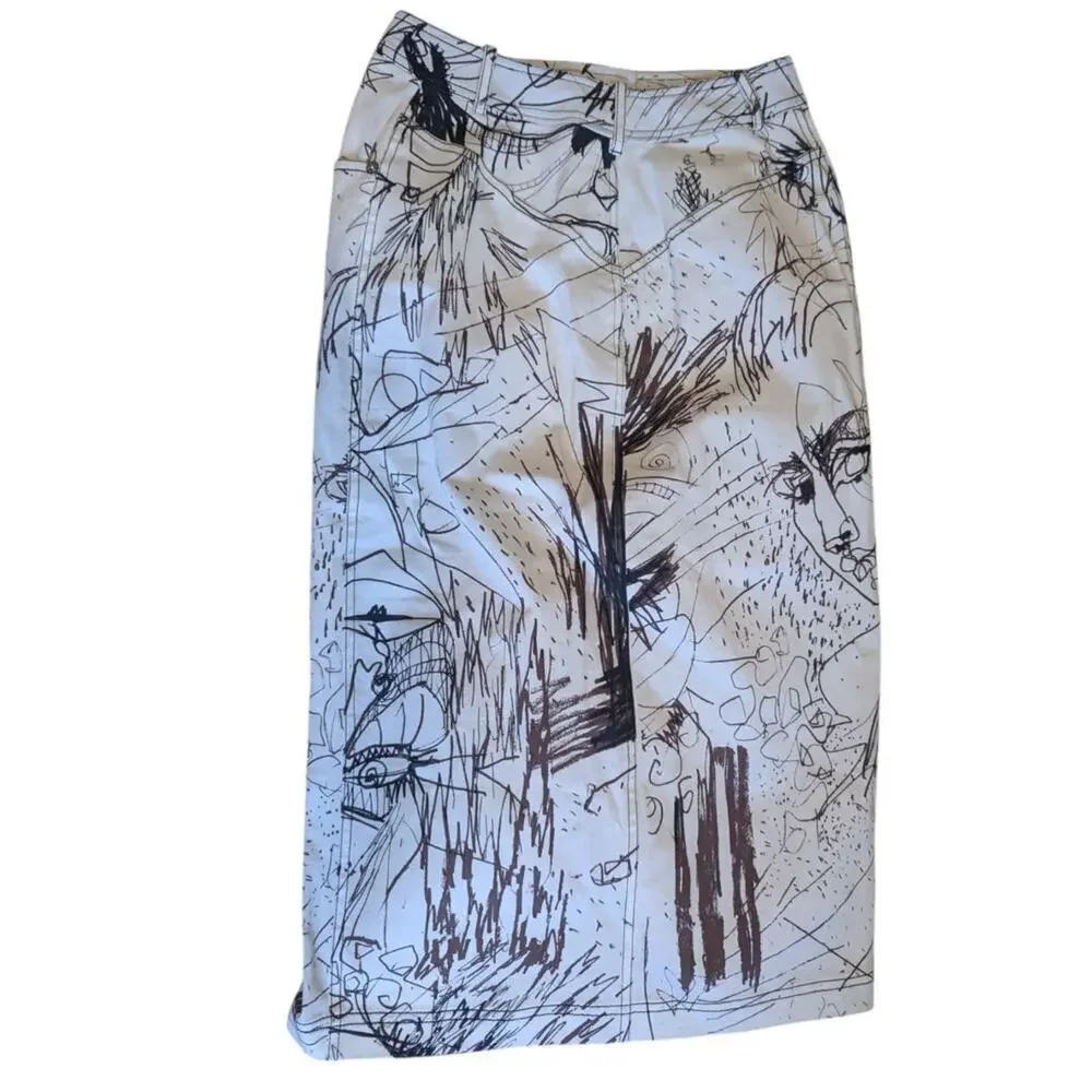 Vintage John Galliano Skirt Denim Pencil Sketches Printed Kendall Jenner Owned